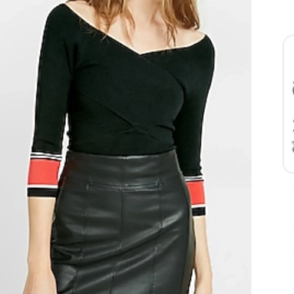 Express Black Off-the-Shoulder Sweater with Red Stripe Cuffs